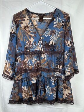 Multiples Lace Trim Floral Brown and Blue Sheer Cover Up Blouse Small 3/4 Sleeve